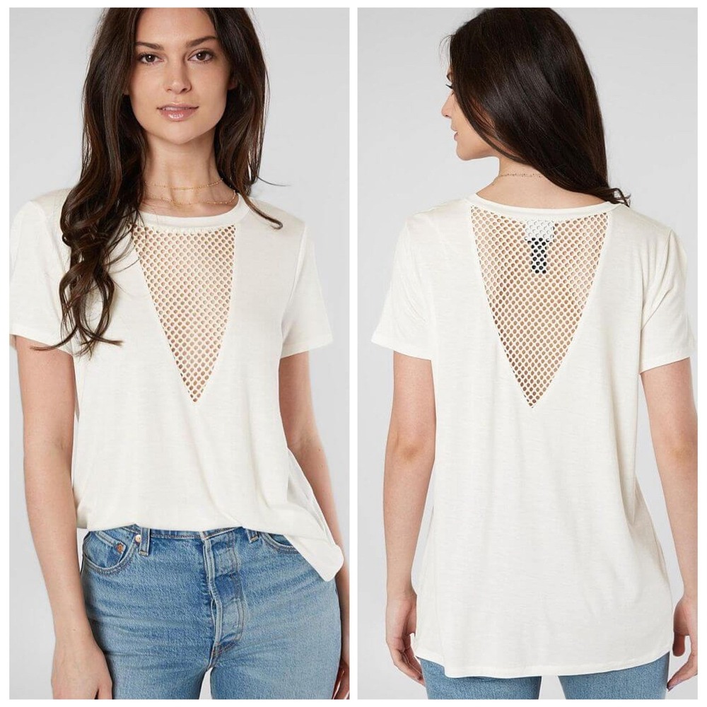 Daytrip Cream Mesh V-Neck Short Sleeve T-Shirt Top Size S Soft Grunge Festival